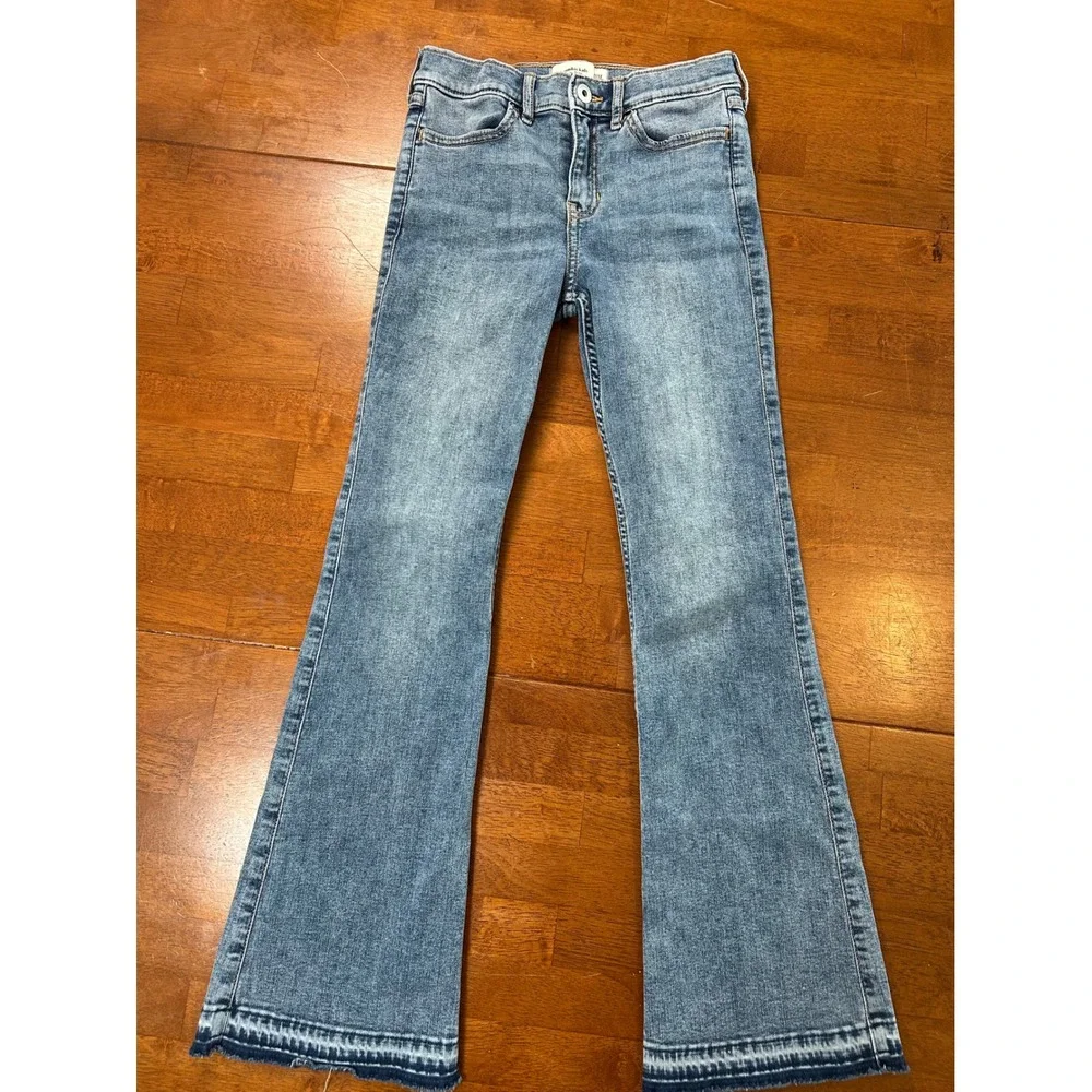 Abercrombie Kids Jeans Girls 11/12 Blue High Rise Flare Raw Hem Denim